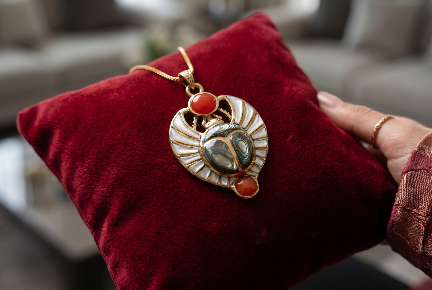 Gold Egyptian Scarab Mother of Pearl Necklace, Handmade Scarab Pendant, Egyptian Revival Jewelry, Protection Talisman, Divine Gift, Sacred Amulet