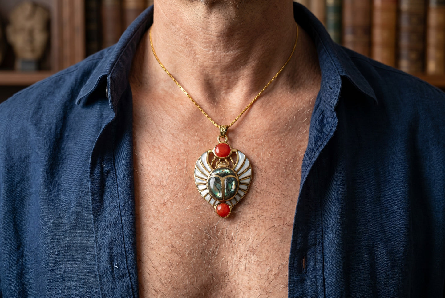Gold Egyptian Scarab Mother of Pearl Necklace, Handmade Scarab Pendant, Egyptian Revival Jewelry, Protection Talisman, Divine Gift, Sacred Amulet