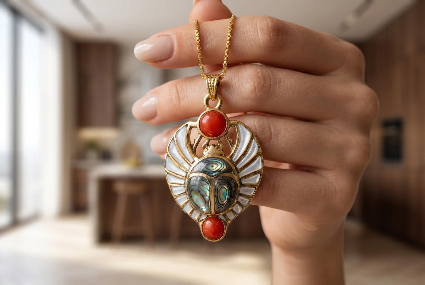 Gold Egyptian Scarab Mother of Pearl Necklace, Handmade Scarab Pendant, Egyptian Revival Jewelry, Protection Talisman, Divine Gift, Sacred Amulet