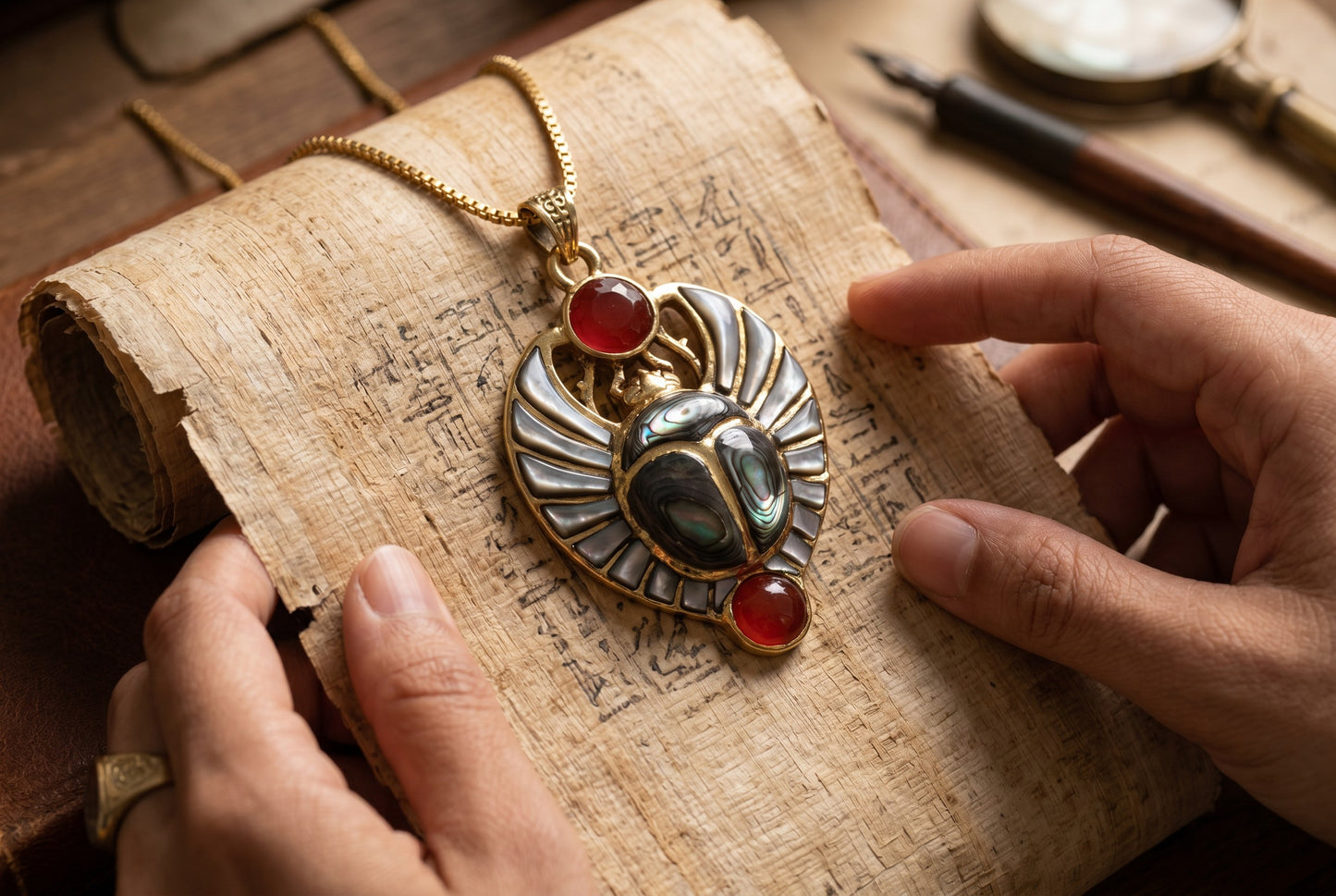 Gold Egyptian Scarab Mother of Pearl Necklace, Handmade Scarab Pendant, Egyptian Revival Jewelry, Protection Talisman, Divine Gift, Sacred Amulet