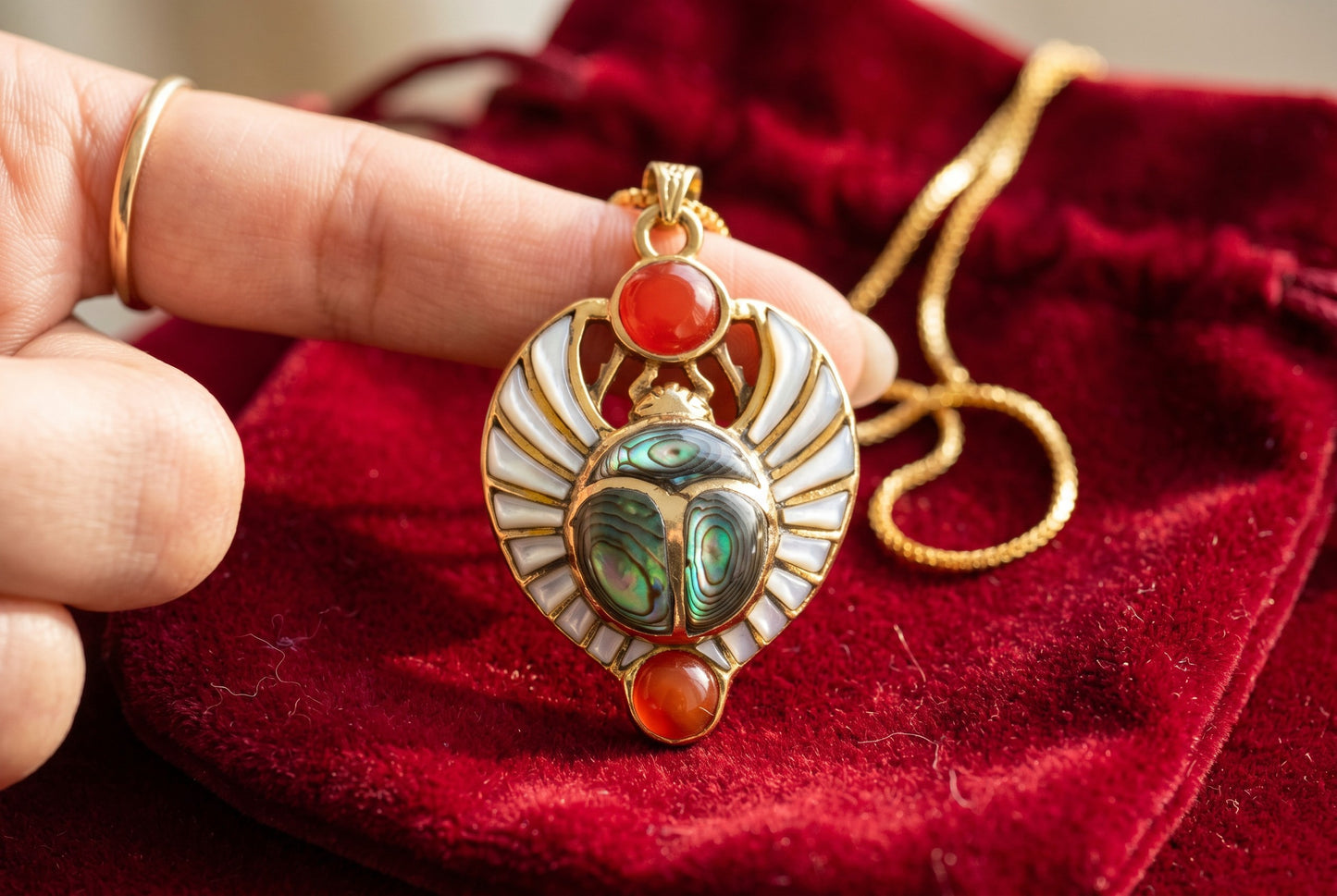 Gold Egyptian Scarab Mother of Pearl Necklace, Handmade Scarab Pendant, Egyptian Revival Jewelry, Protection Talisman, Divine Gift, Sacred Amulet