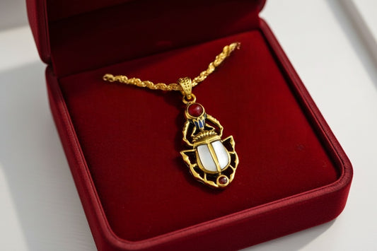 Gold Scarab Mother of Pearl Pendant, Egyptian Revival Necklace