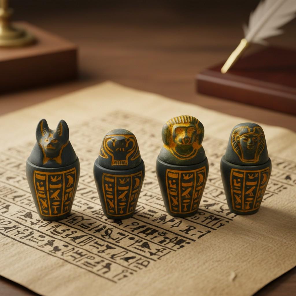 Handmade Egyptian Canopic Jars Statue, Sons of Horus Figurines, Burial Art Sculpture