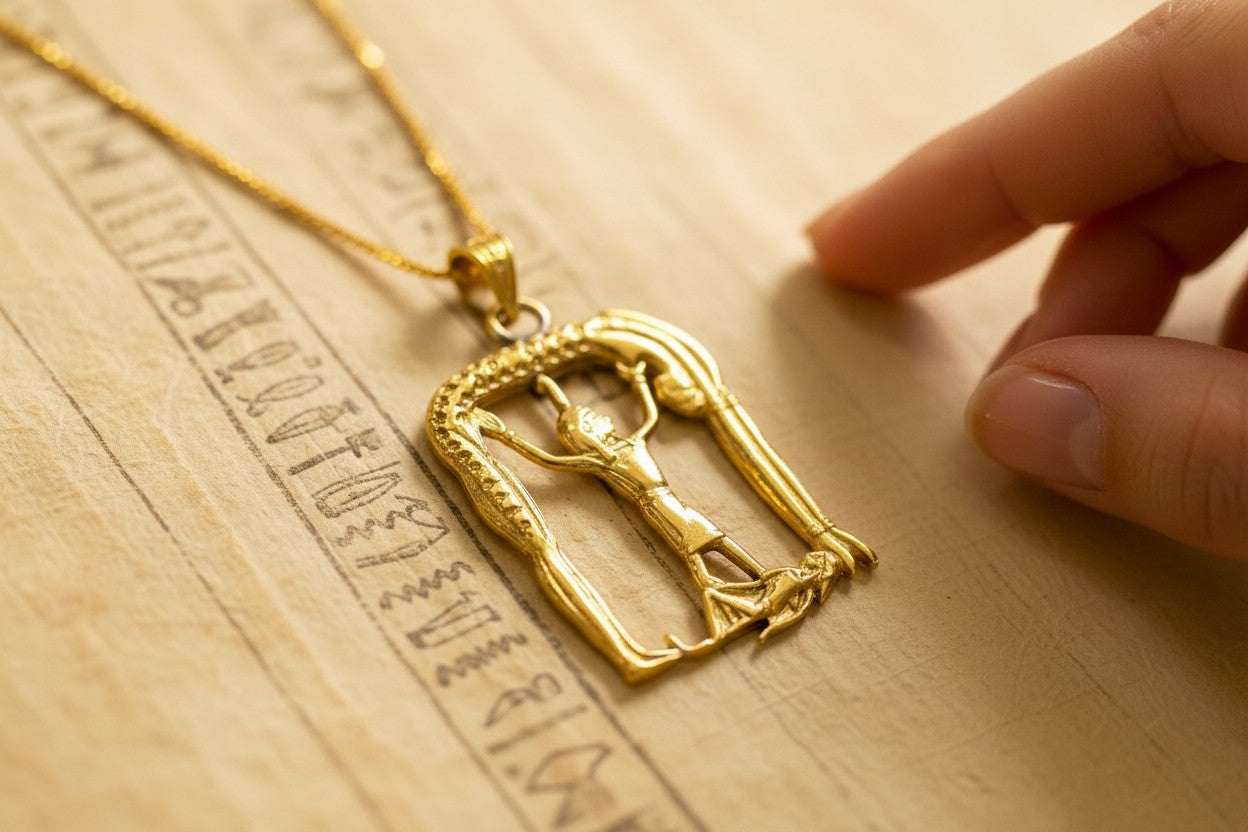 Gold Ged Shu Nut Necklace, Ancient Egyptian Sky Goddess Pendant, Mythology Jewelry, Divine Talisman Gift For Her Him