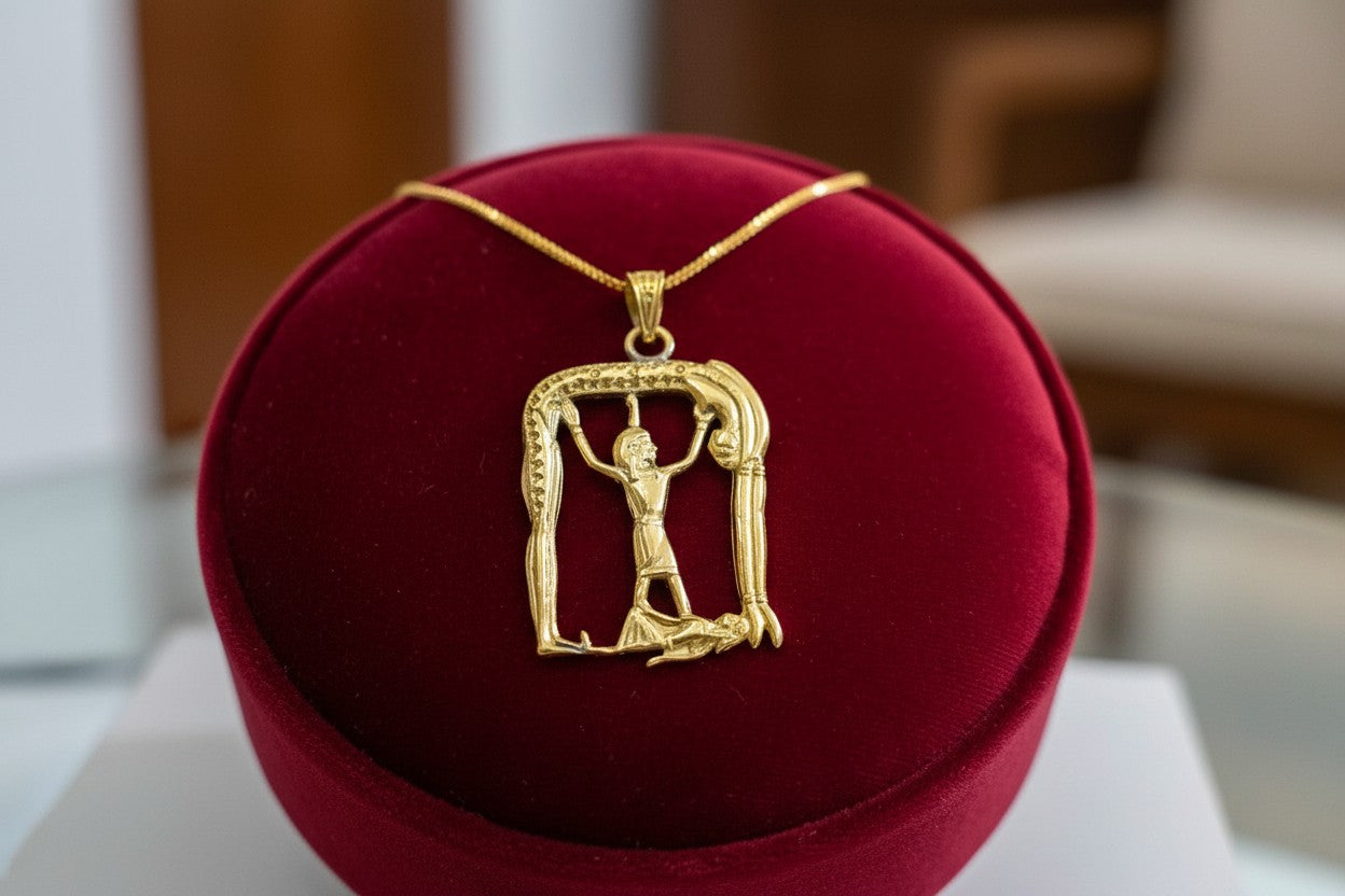 Gold Ged Shu Nut Necklace, Ancient Egyptian Sky Goddess Pendant, Mythology Jewelry, Divine Talisman Gift For Her Him