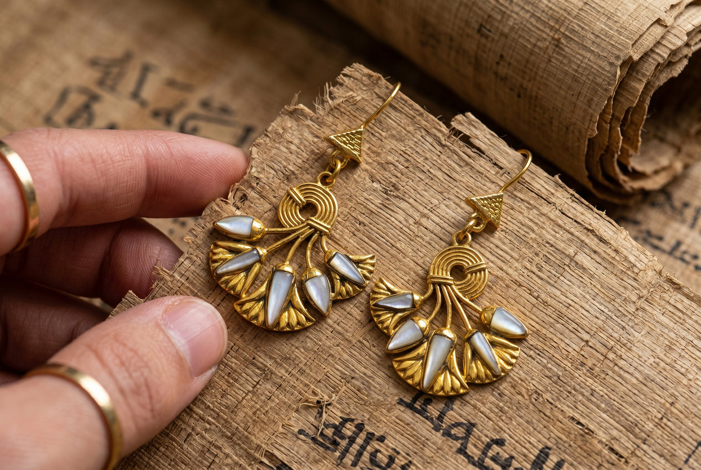 Gold Mother of Pearl Lotus Flower Earrings, Egyptian Revival Earrings, Lotus Jewelry, Sacred Egyptian Symbol, Divine Talisman, Handmade Gift for Her