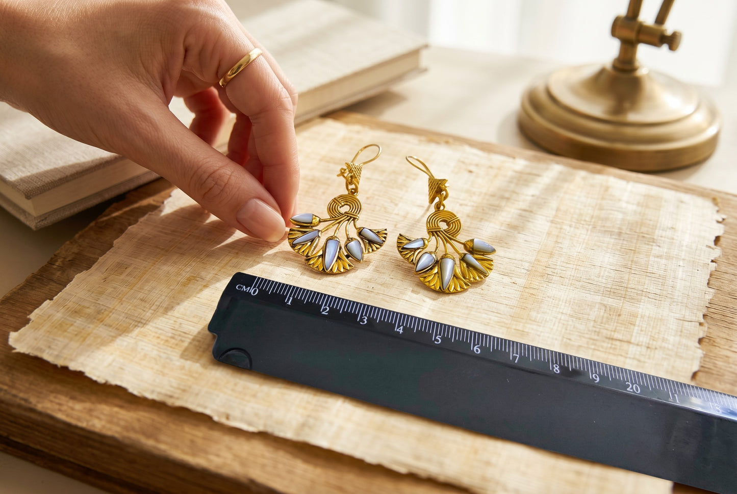 Gold Mother of Pearl Lotus Flower Earrings, Egyptian Revival Earrings, Lotus Jewelry, Sacred Egyptian Symbol, Divine Talisman, Handmade Gift for Her