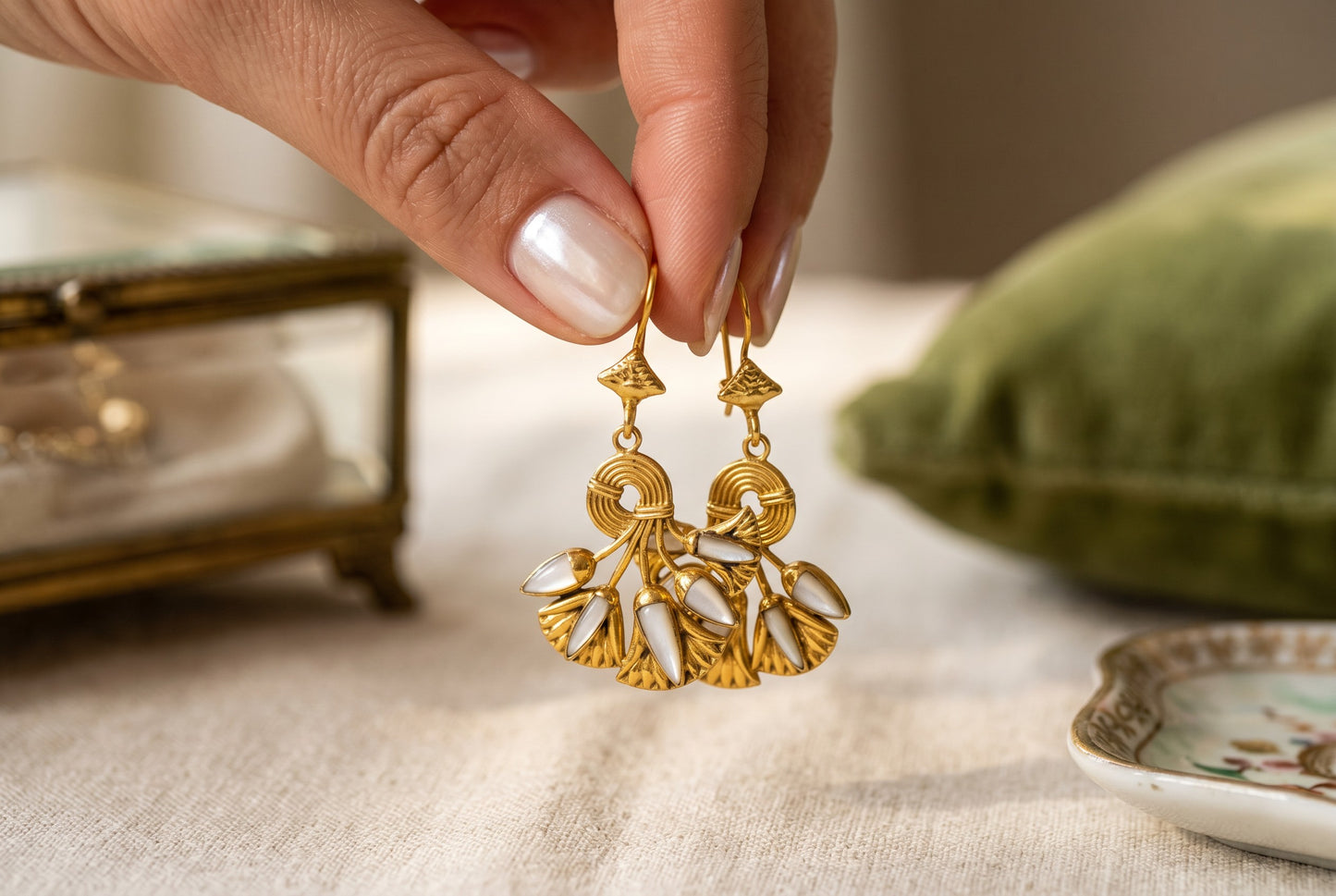 Gold Mother of Pearl Lotus Flower Earrings, Egyptian Revival Earrings, Lotus Jewelry, Sacred Egyptian Symbol, Divine Talisman, Handmade Gift for Her