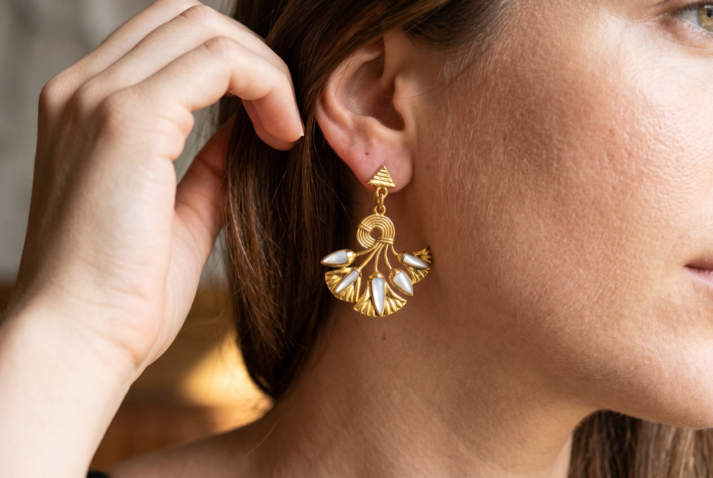 Gold Mother of Pearl Lotus Flower Earrings, Egyptian Revival Earrings, Lotus Jewelry, Sacred Egyptian Symbol, Divine Talisman, Handmade Gift for Her