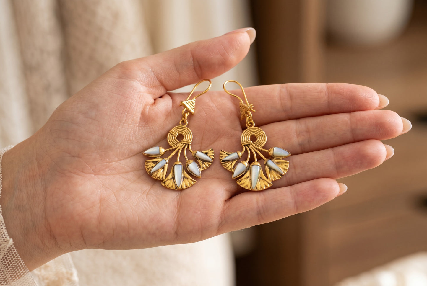 Gold Mother of Pearl Lotus Flower Earrings, Egyptian Revival Earrings, Lotus Jewelry, Sacred Egyptian Symbol, Divine Talisman, Handmade Gift for Her