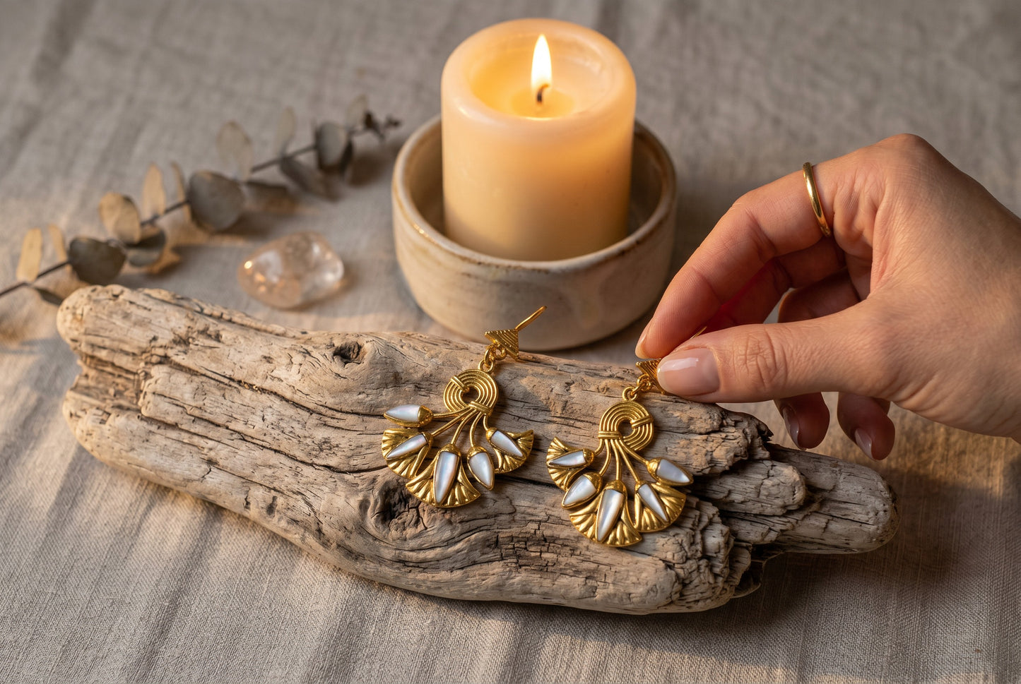Gold Mother of Pearl Lotus Flower Earrings, Egyptian Revival Earrings, Lotus Jewelry, Sacred Egyptian Symbol, Divine Talisman, Handmade Gift for Her