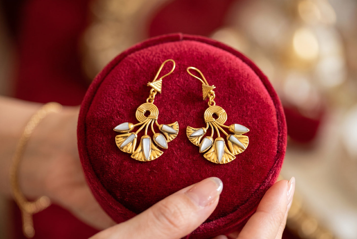 Gold Mother of Pearl Lotus Flower Earrings, Egyptian Revival Earrings, Lotus Jewelry, Sacred Egyptian Symbol, Divine Talisman, Handmade Gift for Her