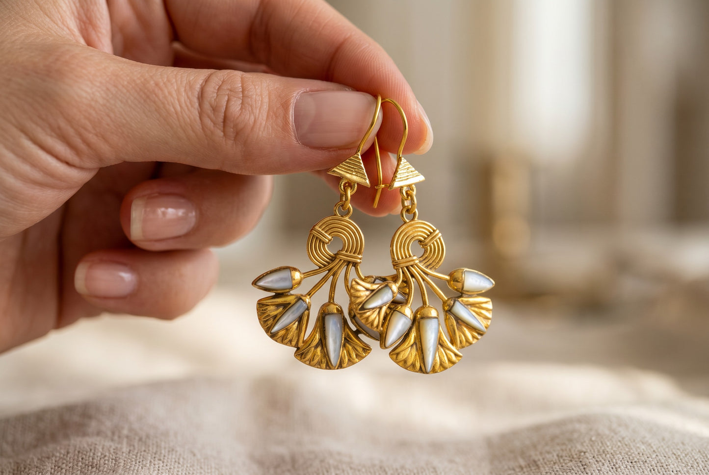 Gold Mother of Pearl Lotus Flower Earrings, Egyptian Revival Earrings, Lotus Jewelry, Sacred Egyptian Symbol, Divine Talisman, Handmade Gift for Her