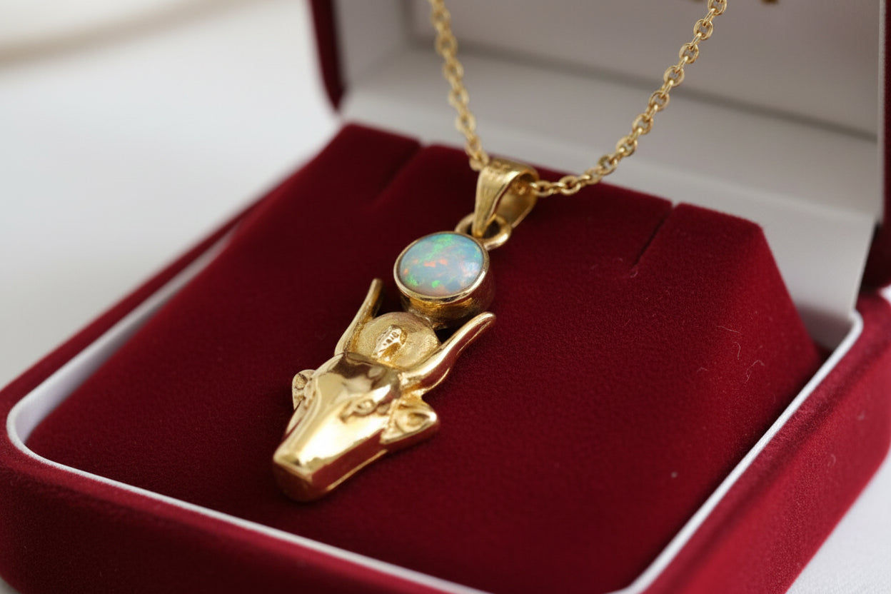 Gold Hathor Cow Head Pendant Necklace, Egyptian Opal Jewelry Gift