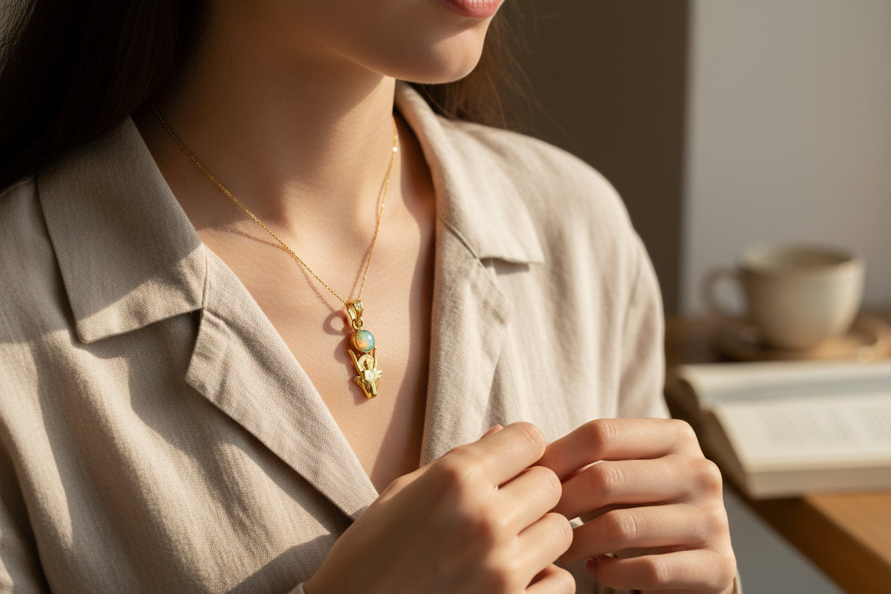 Gold Hathor Cow Head Pendant Necklace, Egyptian Opal Jewelry Gift