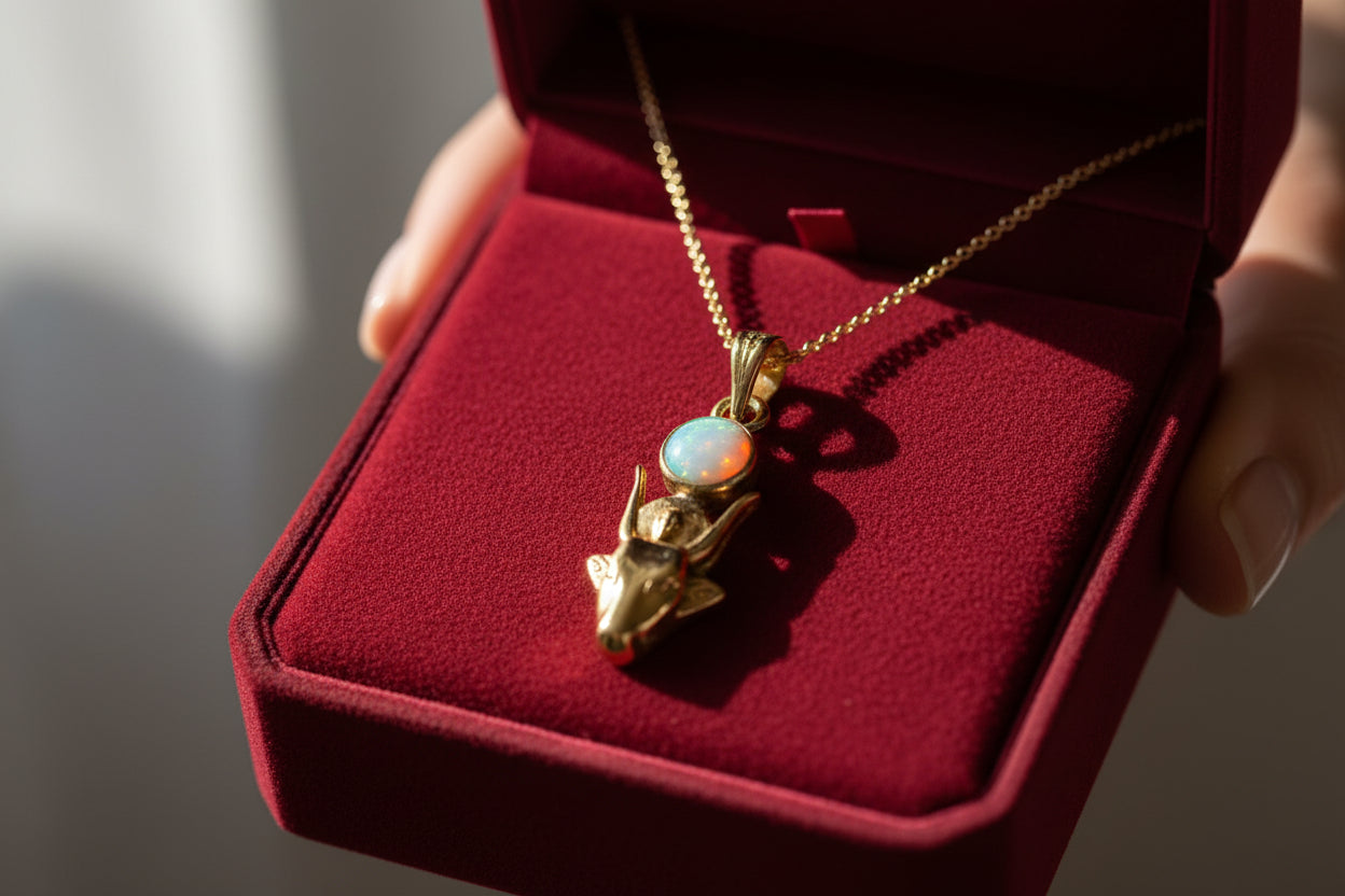 Gold Hathor Cow Head Pendant Necklace, Egyptian Opal Jewelry Gift