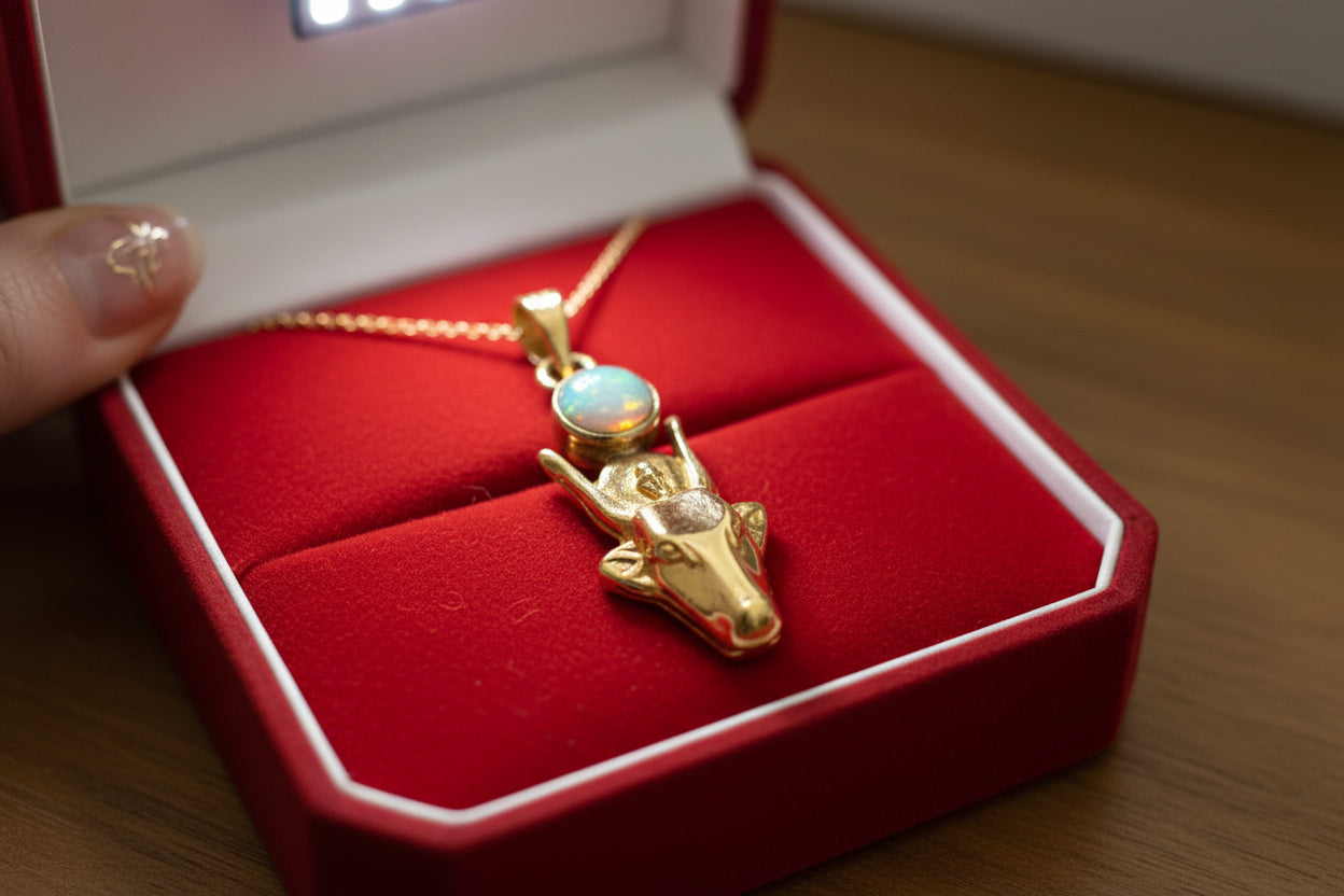 Gold Hathor Cow Head Pendant Necklace, Egyptian Opal Jewelry Gift