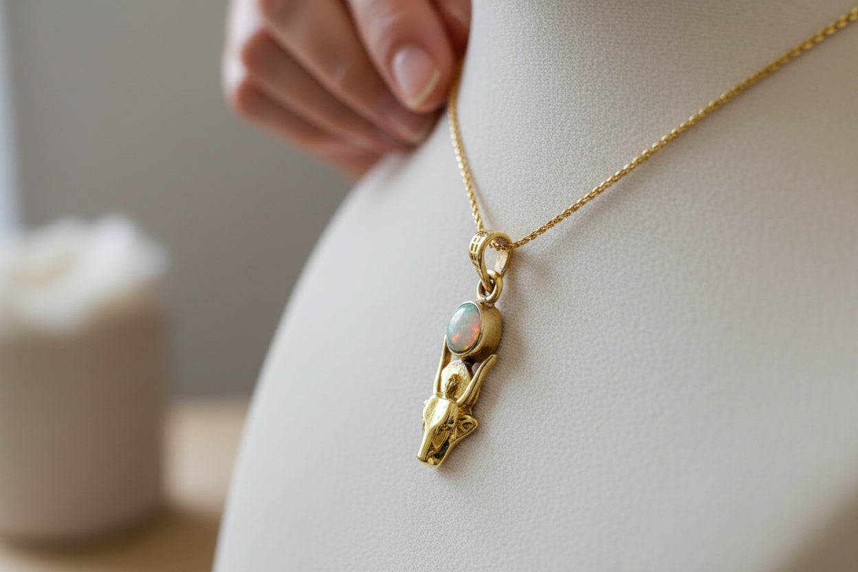Gold Hathor Cow Head Pendant Necklace, Egyptian Opal Jewelry Gift