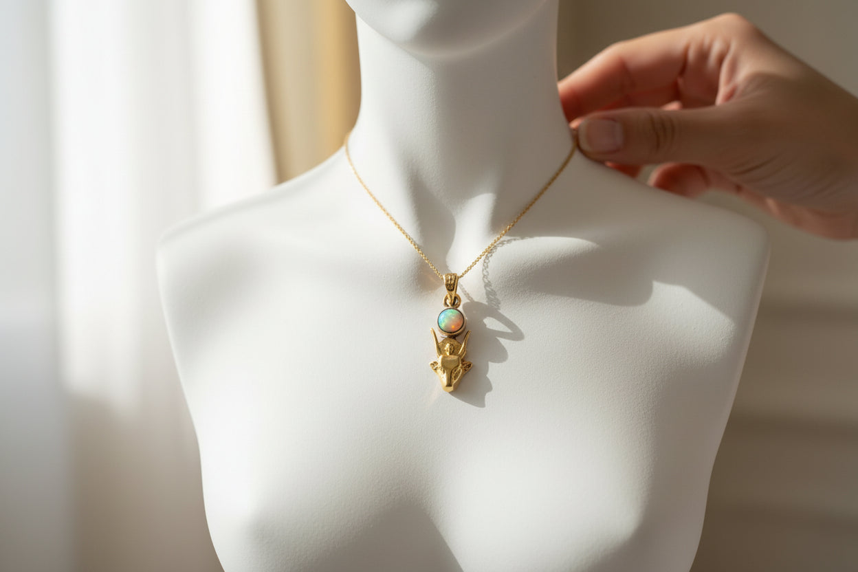 Gold Hathor Cow Head Pendant Necklace, Egyptian Opal Jewelry Gift