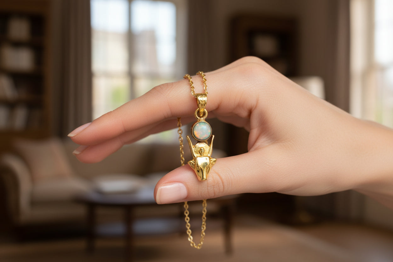 Gold Hathor Cow Head Pendant Necklace, Egyptian Opal Jewelry Gift