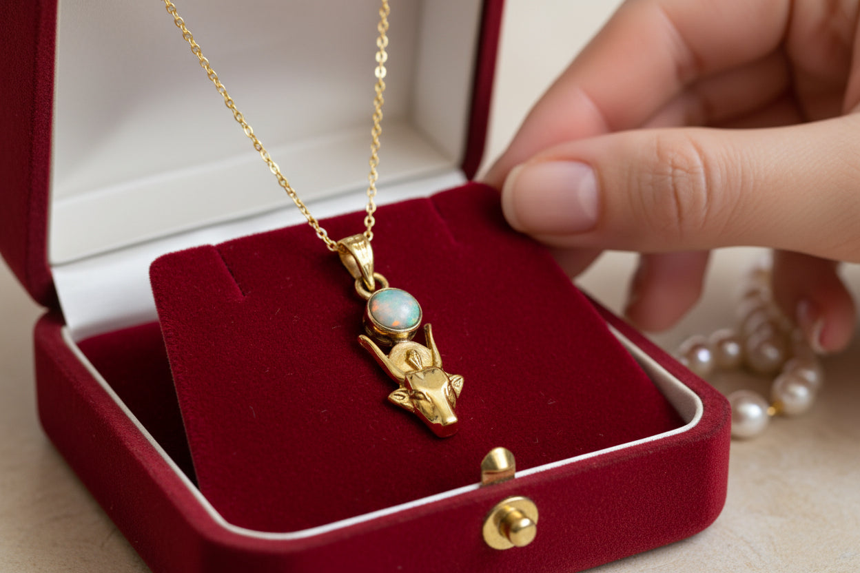 Gold Hathor Cow Head Pendant Necklace, Egyptian Opal Jewelry Gift