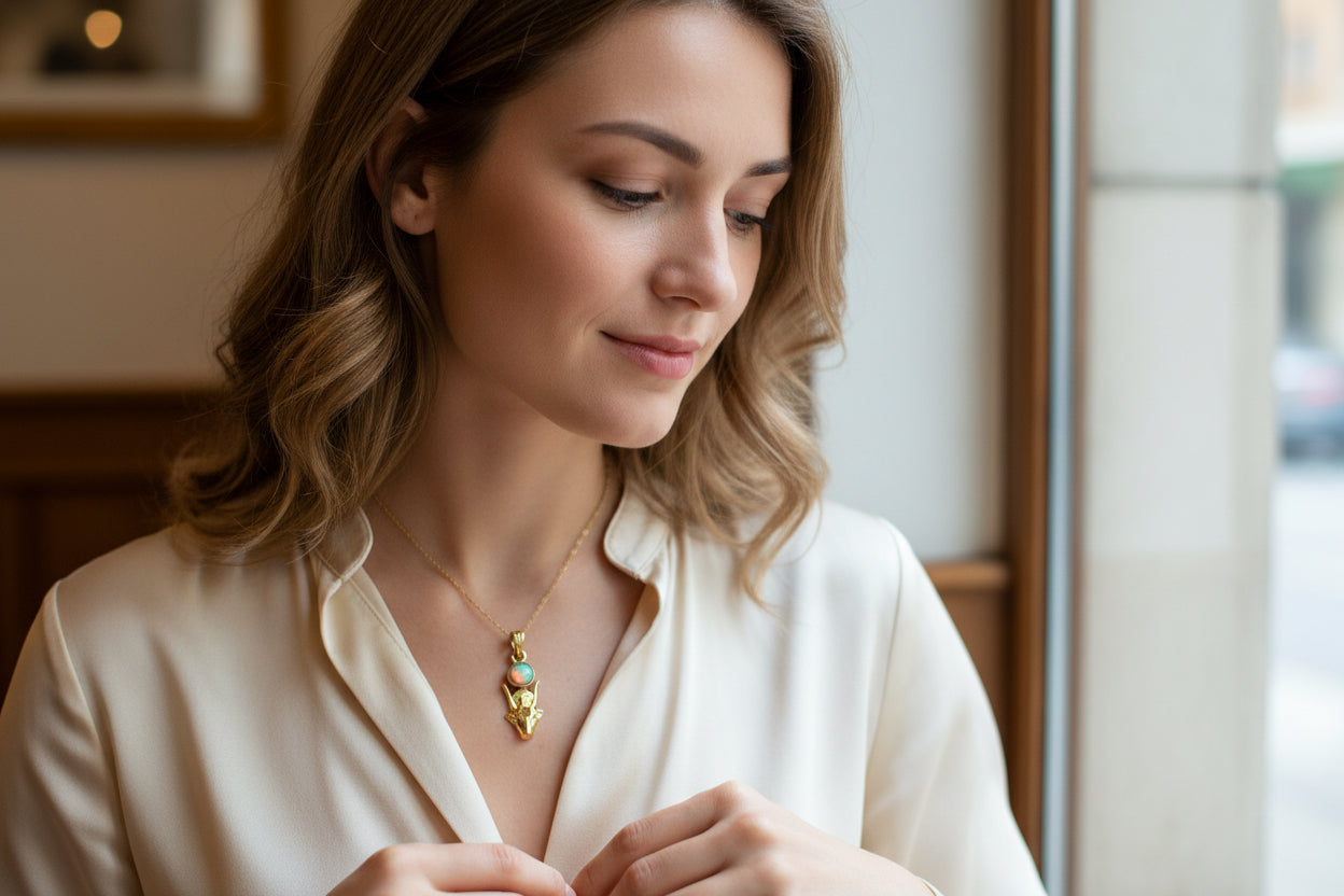Gold Hathor Cow Head Pendant Necklace, Egyptian Opal Jewelry Gift