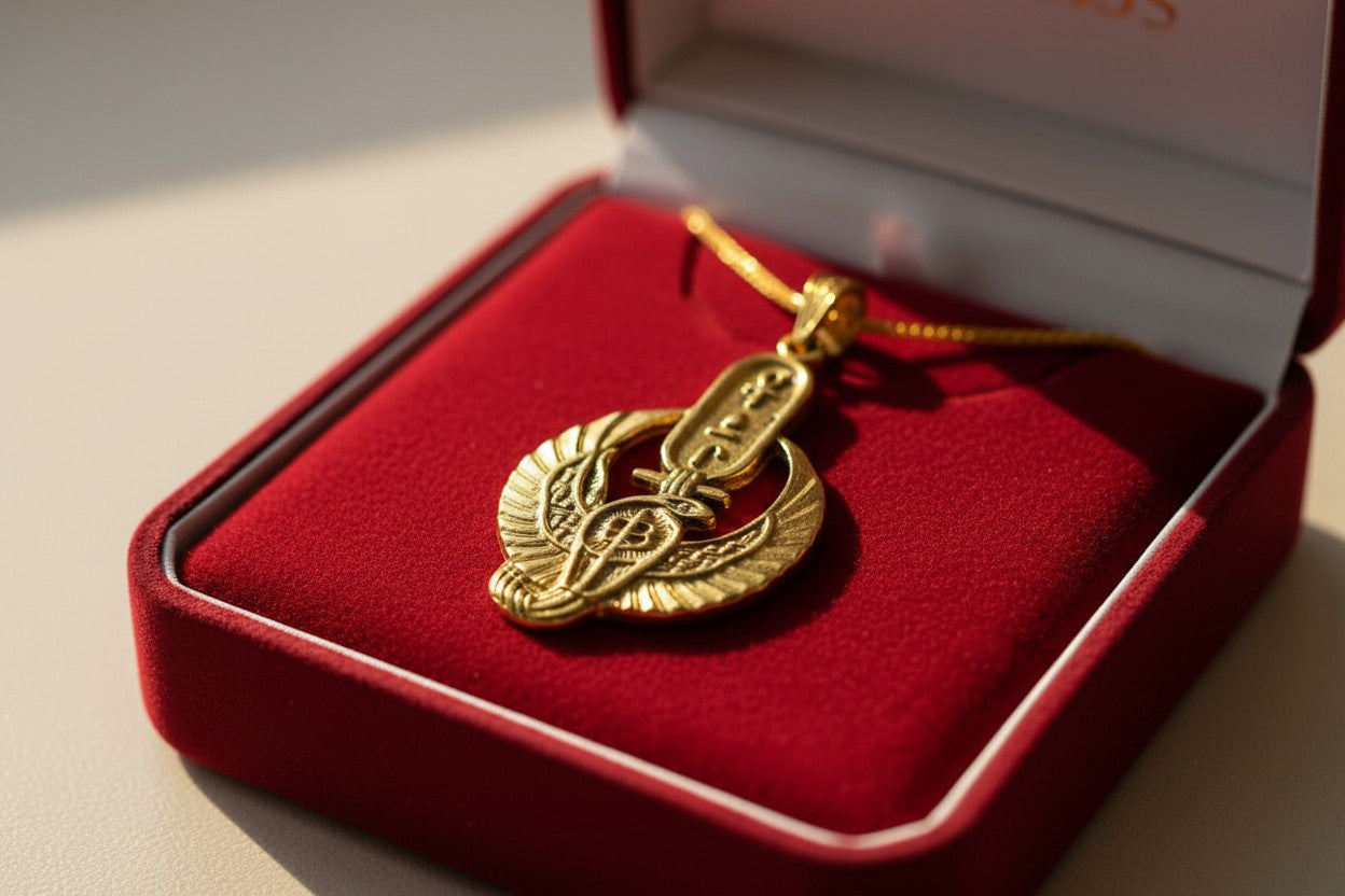 Large Gold Wadjet Snake Pendant Necklace, Egyptian Goddess Jewelry