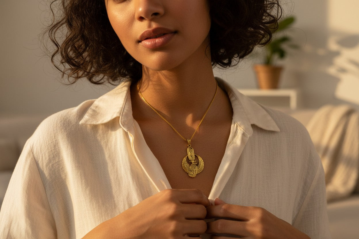 Large Gold Wadjet Snake Pendant Necklace, Egyptian Goddess Jewelry