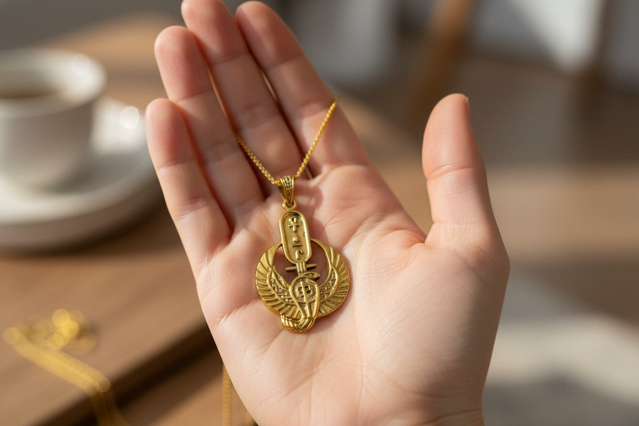 Large Gold Wadjet Snake Pendant Necklace, Egyptian Goddess Jewelry