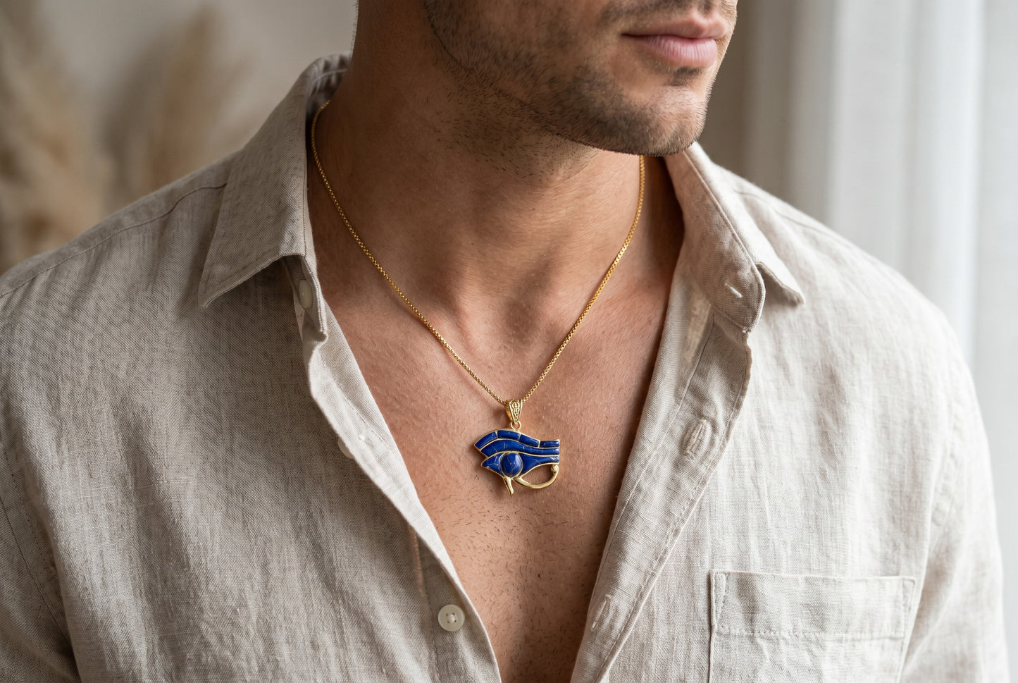 Gold Eye Of Horus Lapis Lazuli Necklace, Egyptian Jewelry, Gift For men and Women