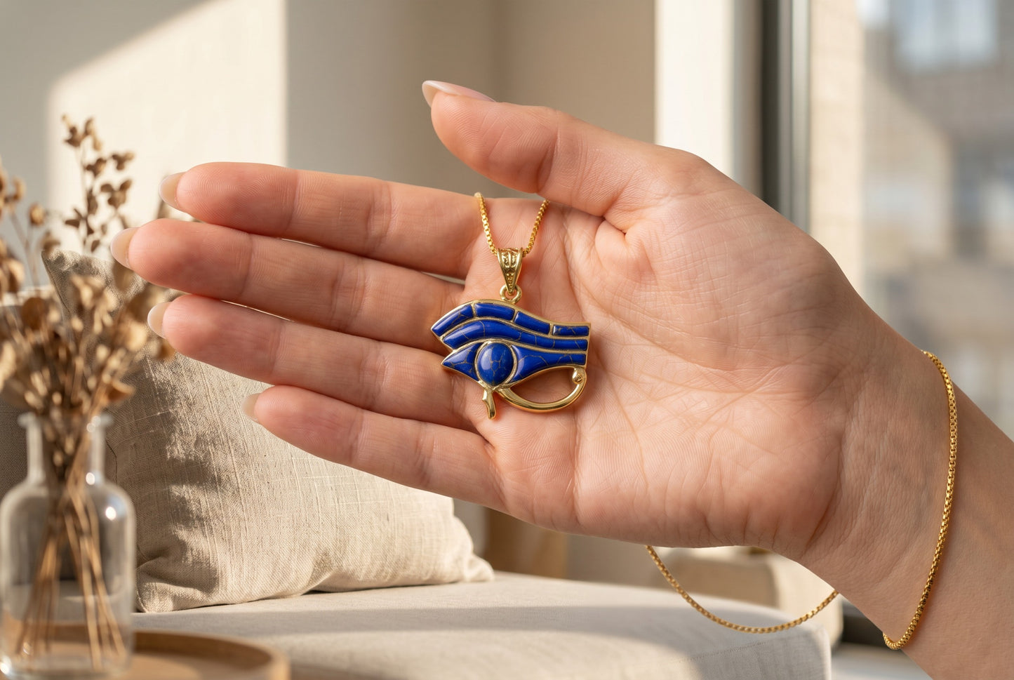 Gold Eye Of Horus Lapis Lazuli Necklace, Egyptian Jewelry, Gift For men and Women