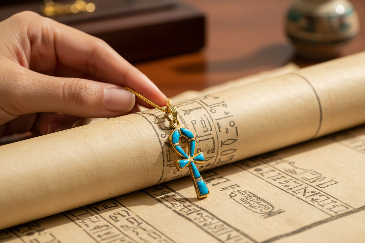 Gold Ankh Turquoise Pendant Necklace, Egyptian Key of Life Talisman