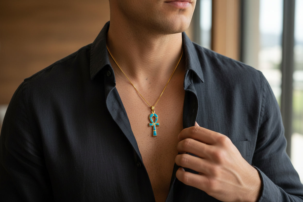 Gold Ankh Turquoise Pendant Necklace, Egyptian Key of Life Talisman