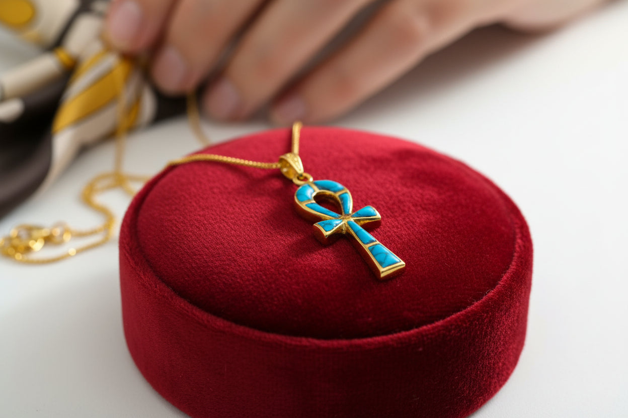 Gold Ankh Turquoise Pendant Necklace, Egyptian Key of Life Talisman