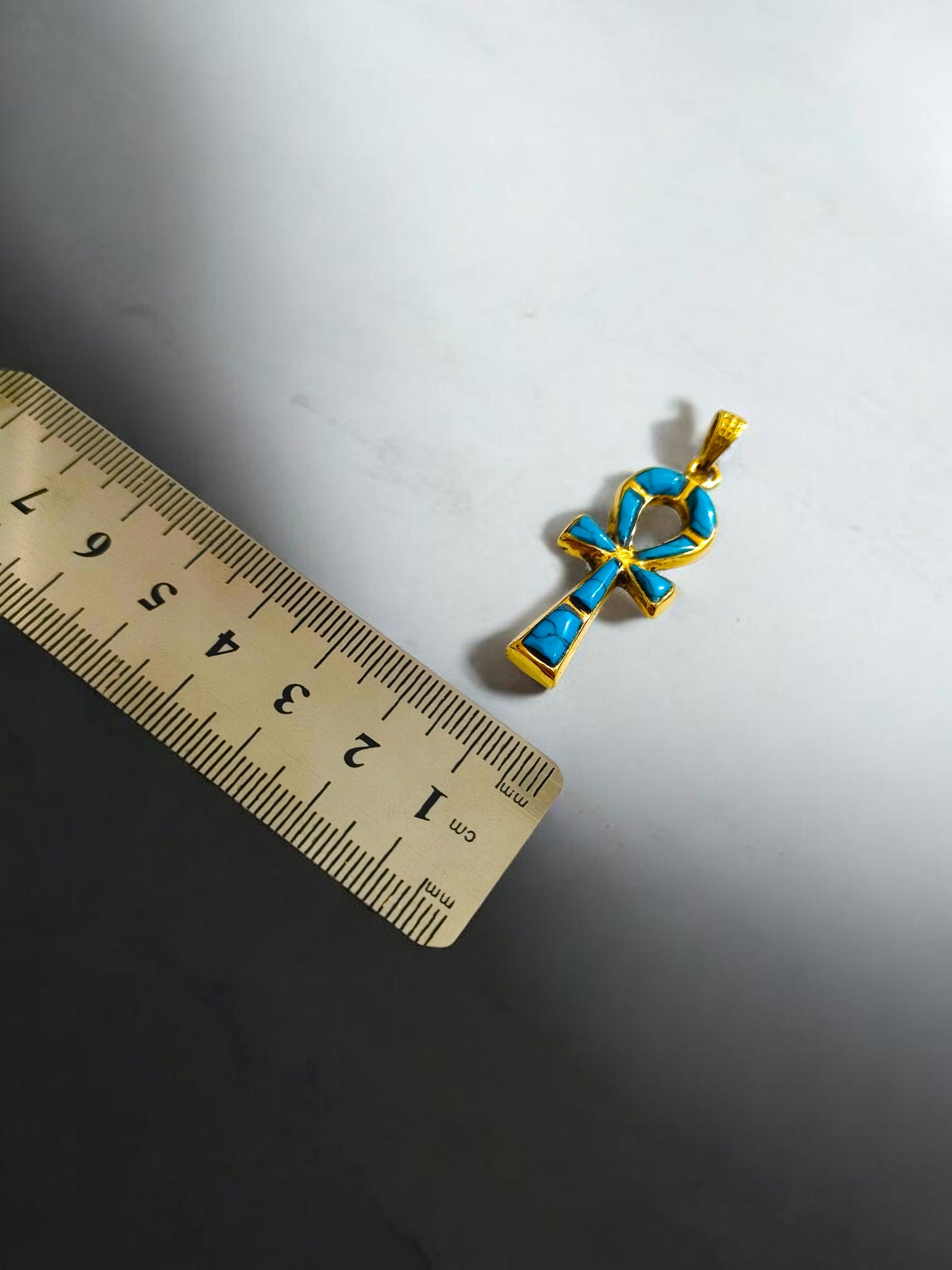 Gold Ankh Turquoise Pendant Necklace, Egyptian Key of Life Talisman