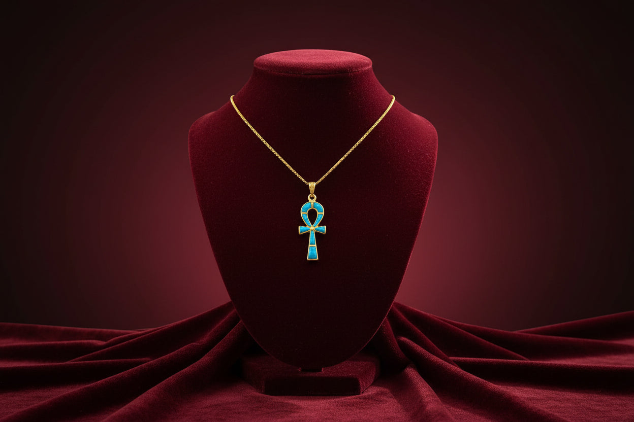 Gold Ankh Turquoise Pendant Necklace, Egyptian Key of Life Talisman