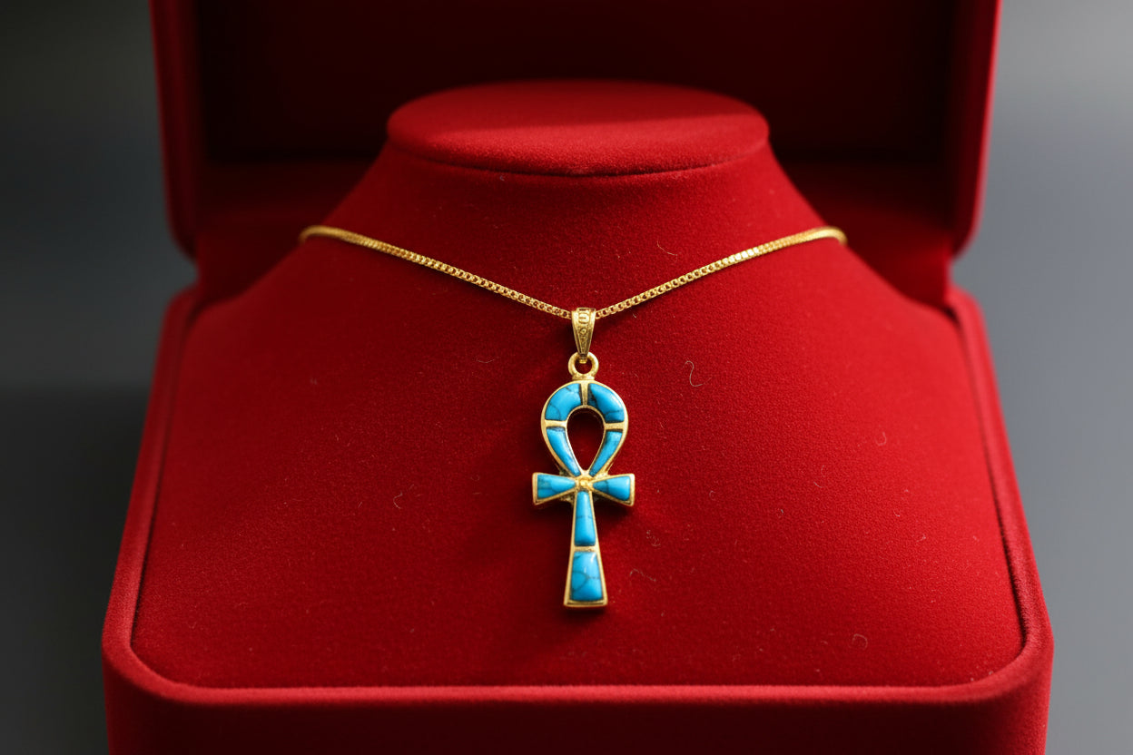 Gold Ankh Turquoise Pendant Necklace, Egyptian Key of Life Talisman