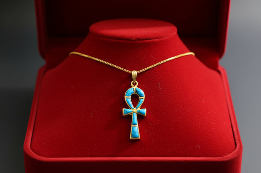 Gold Ankh Turquoise Pendant Necklace, Egyptian Key of Life Talisman