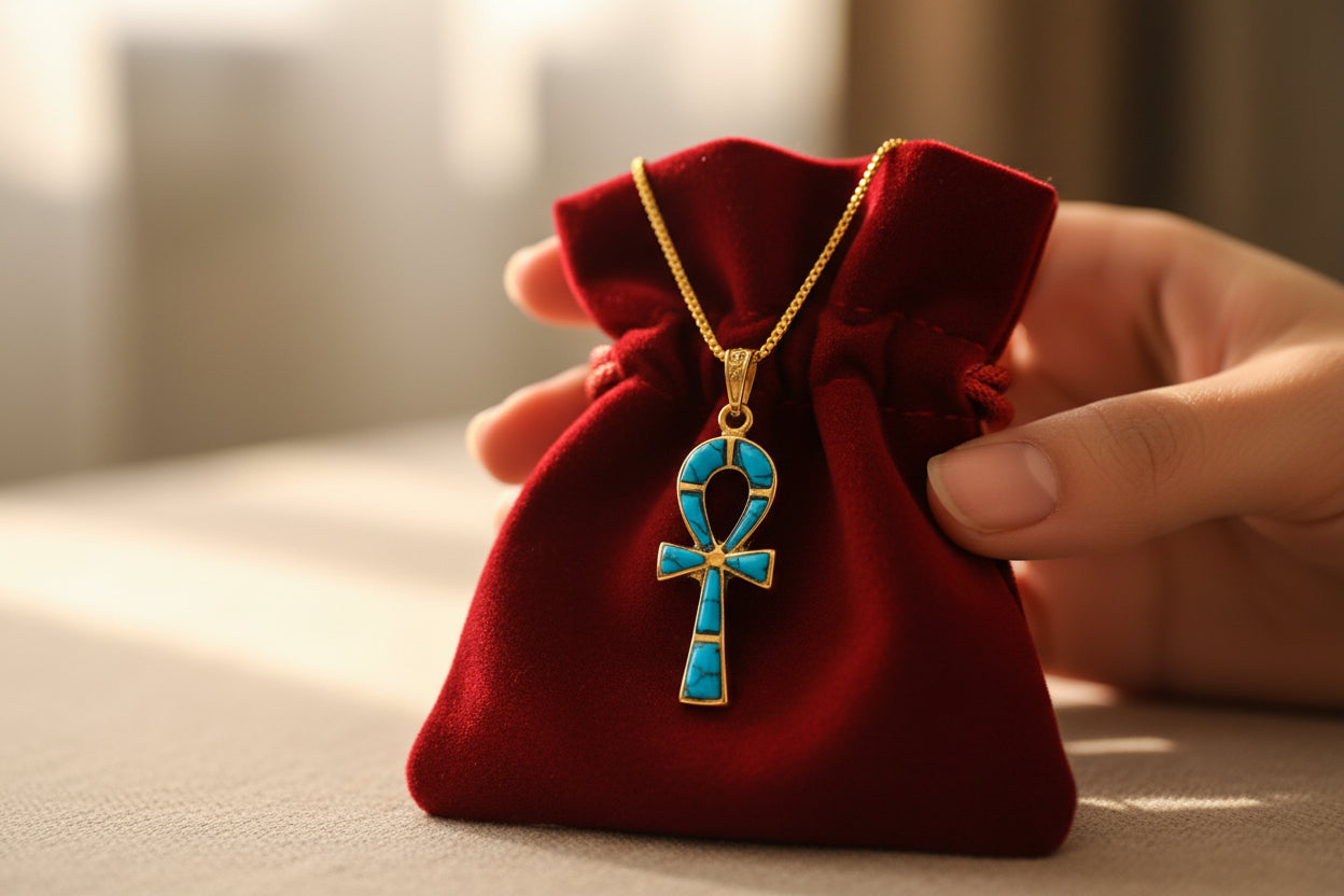 Gold Ankh Turquoise Pendant Necklace, Egyptian Key of Life Talisman