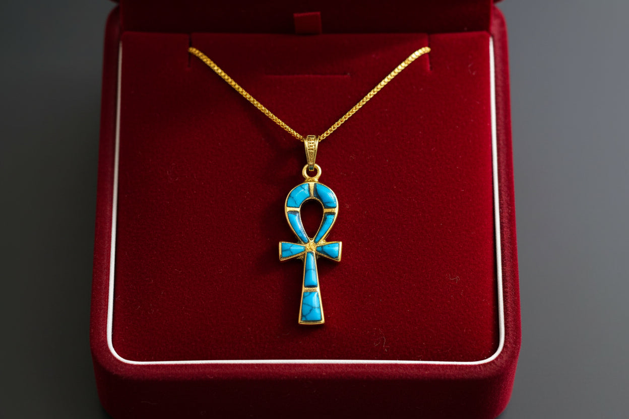 Gold Ankh Turquoise Pendant Necklace, Egyptian Key of Life Talisman
