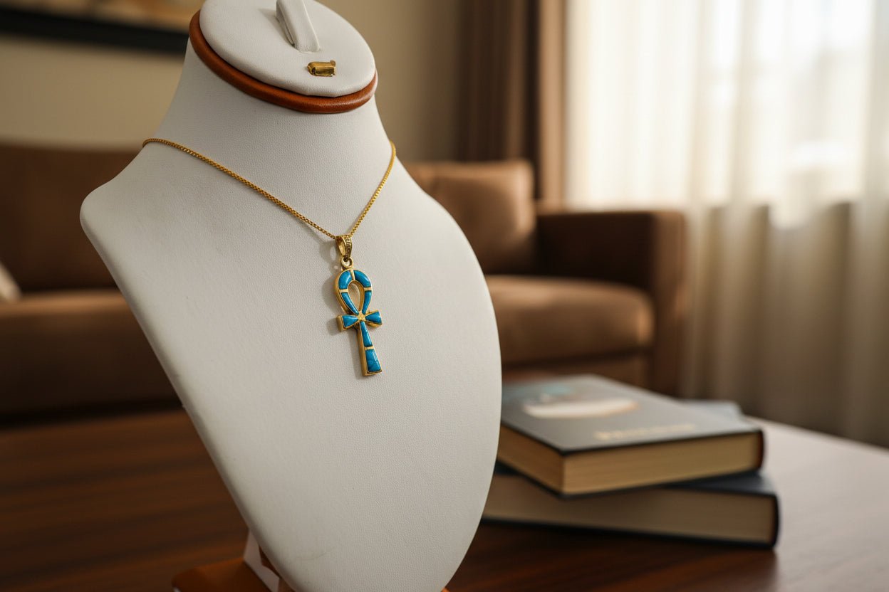 Gold Ankh Turquoise Pendant Necklace, Egyptian Key of Life Talisman