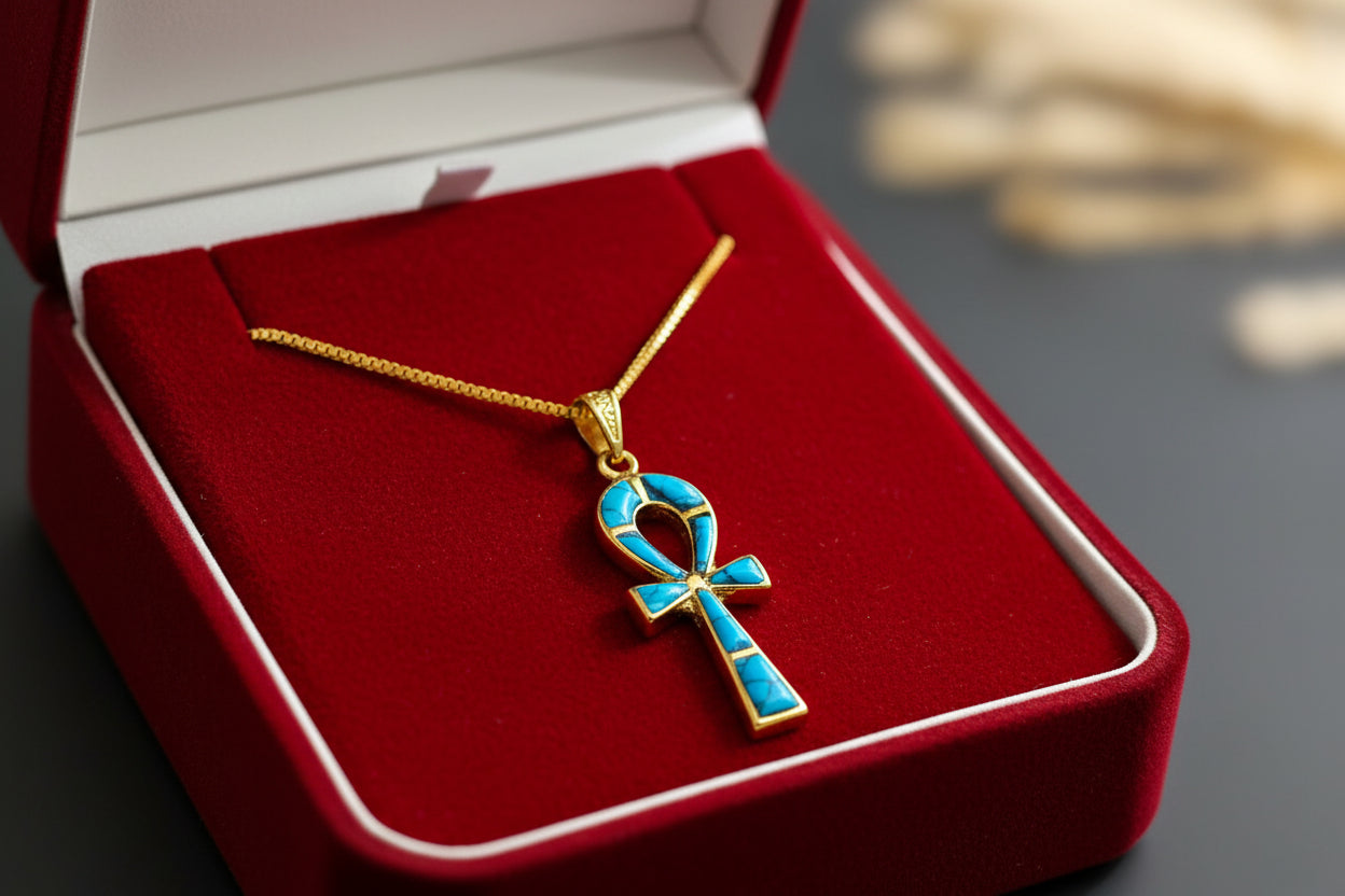 Gold Ankh Turquoise Pendant Necklace, Egyptian Key of Life Talisman