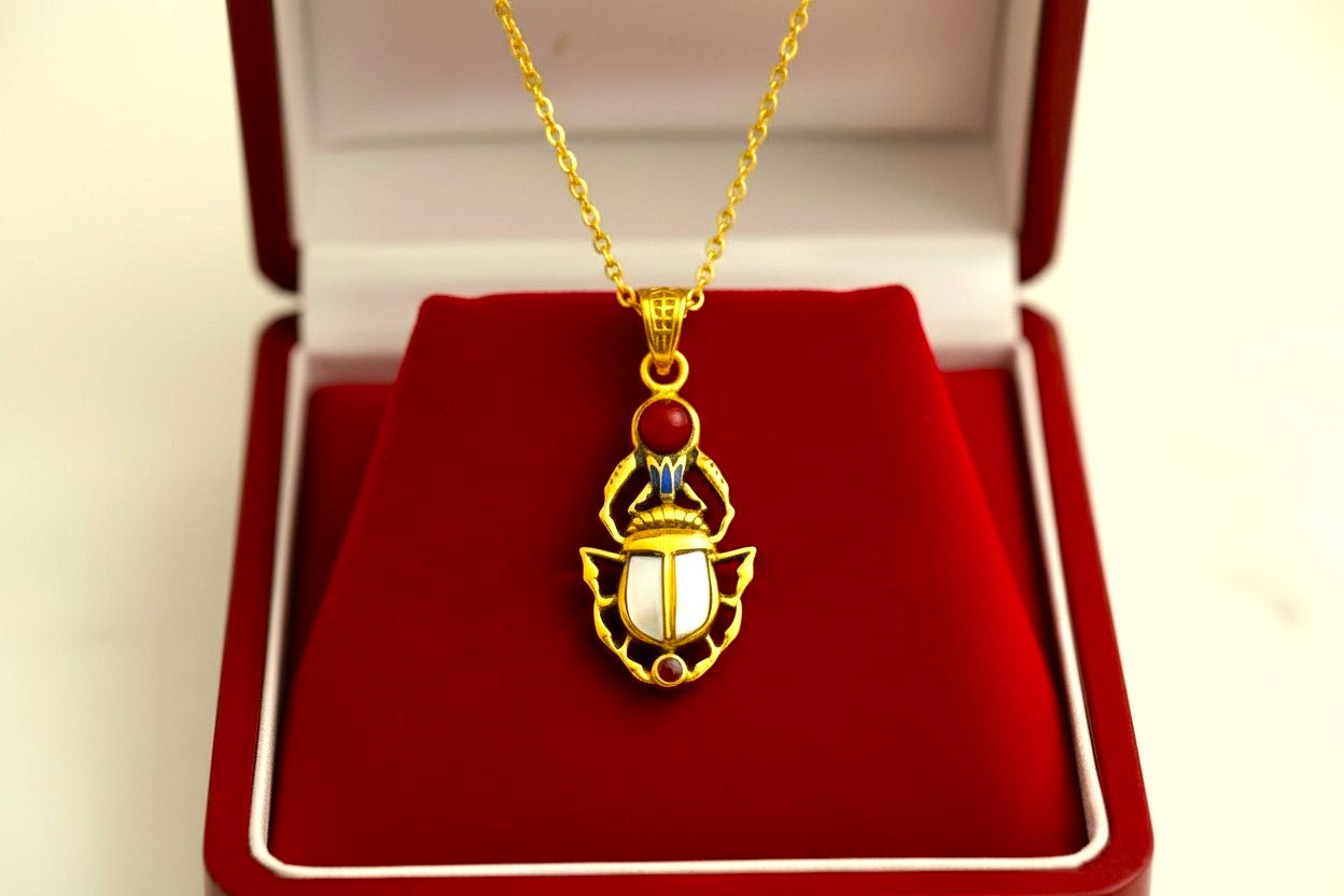 Gold Scarab Mother of Pearl Pendant, Egyptian Revival Necklace