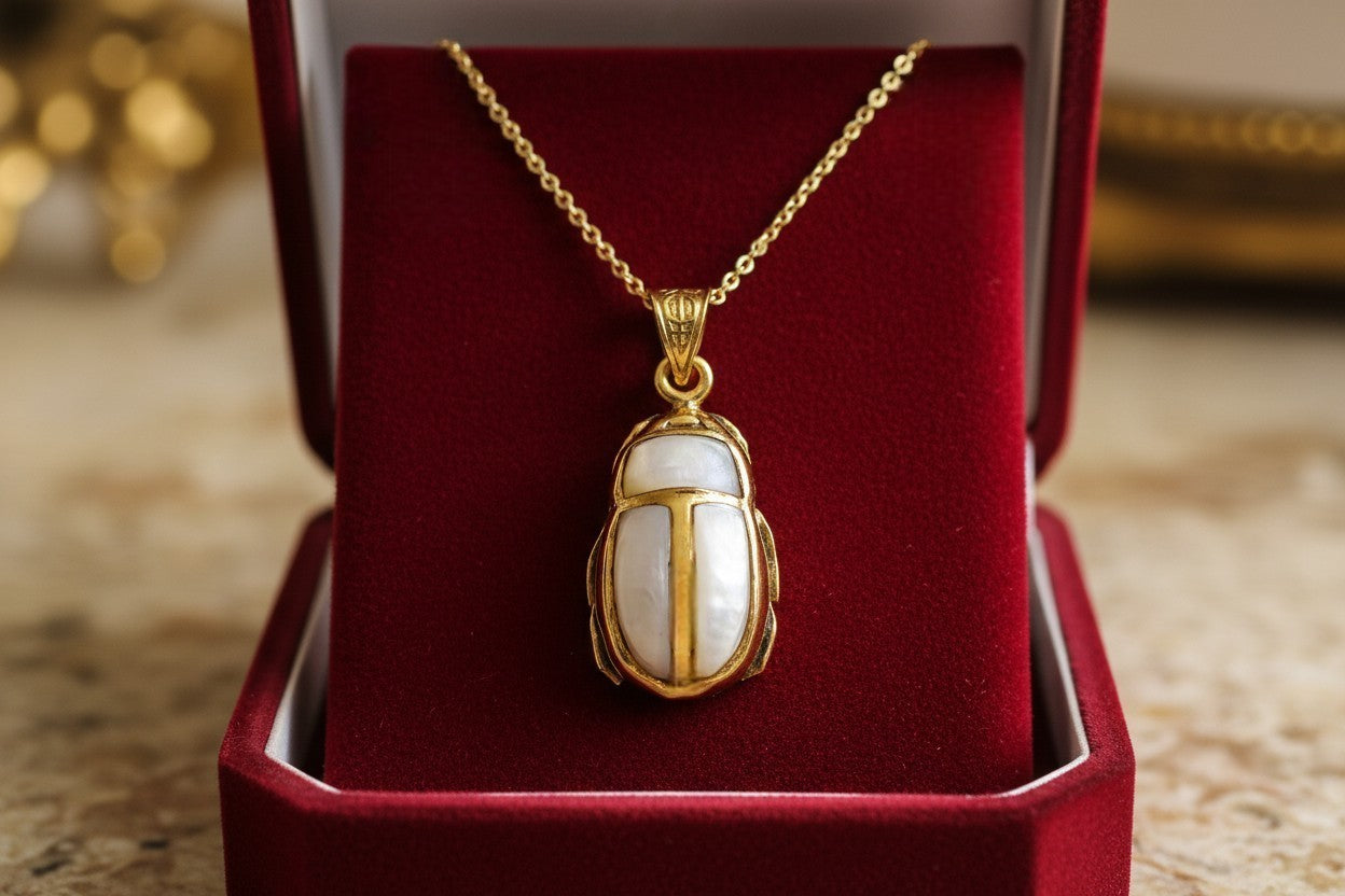 Gold Scarab Mother of Pearl Pendant, Egyptian Revival Necklace