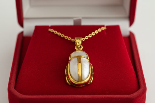 Gold Scarab Mother of Pearl Pendant, Egyptian Revival Necklace