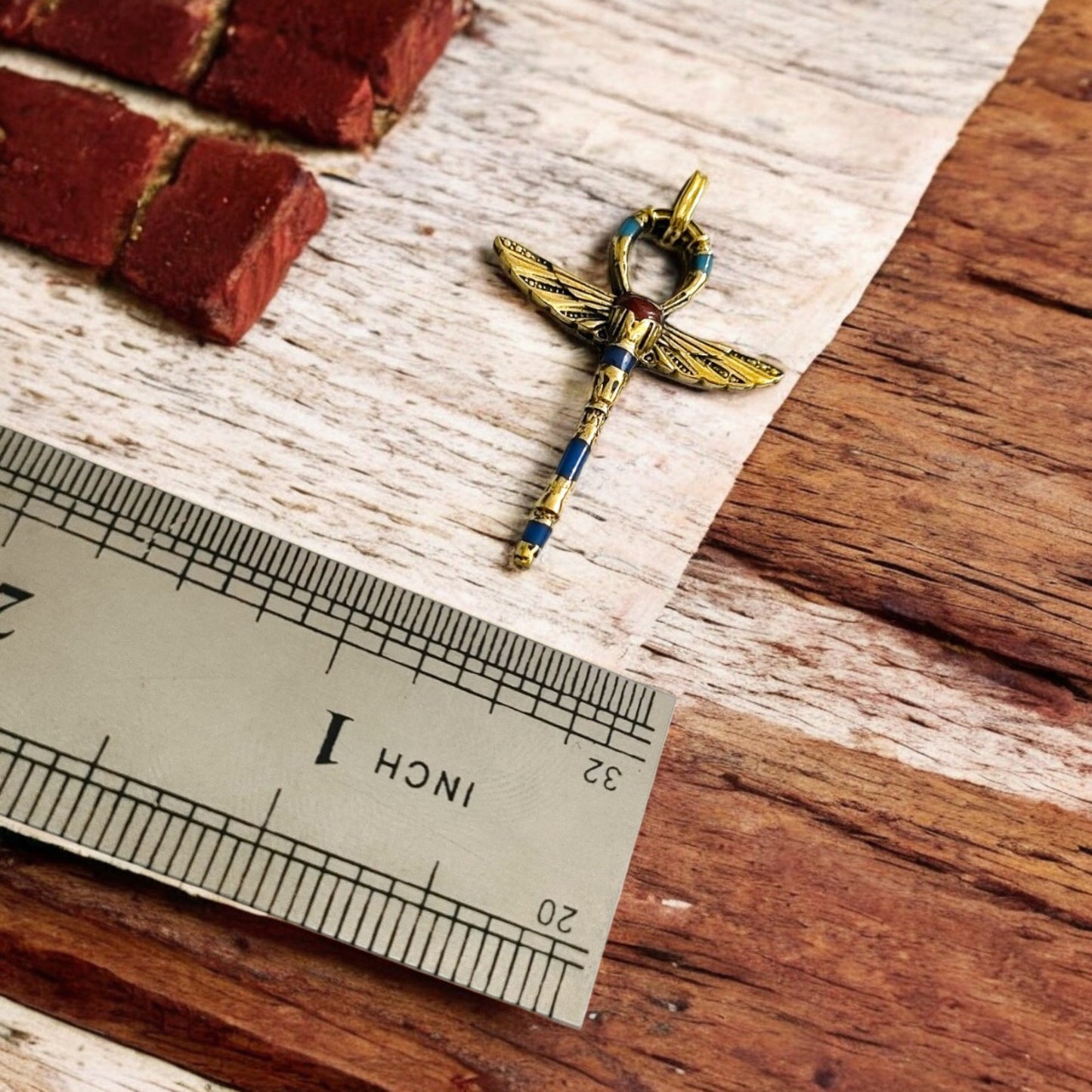 Gold Winged Ankh Pendant Necklace, Egyptian Key of Life Talisman