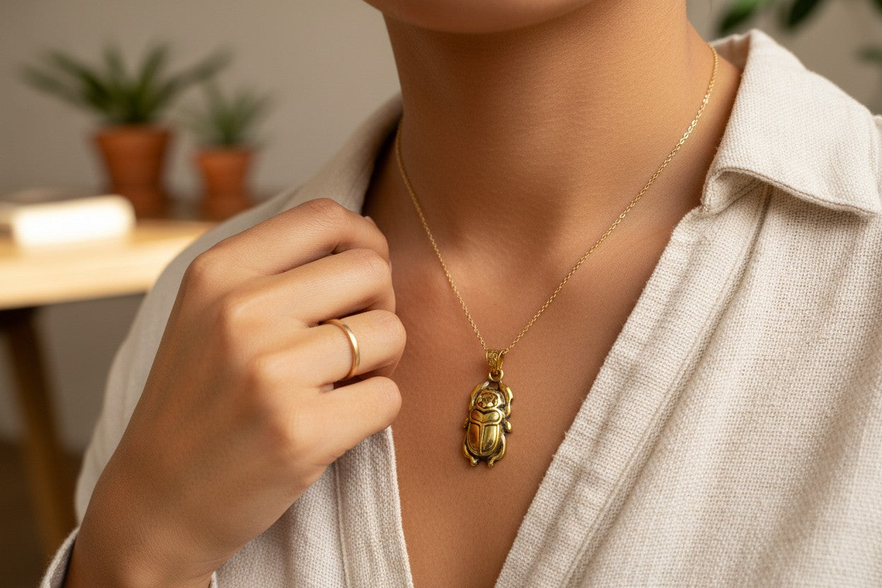 Gold Scarab Beetle Pendant Necklace, Egyptian Revival Talisman