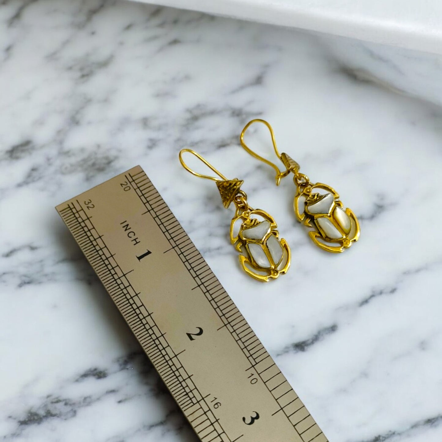 Gold Mother of Pearl Scarab Earrings, Egyptian Talisman Jewelry