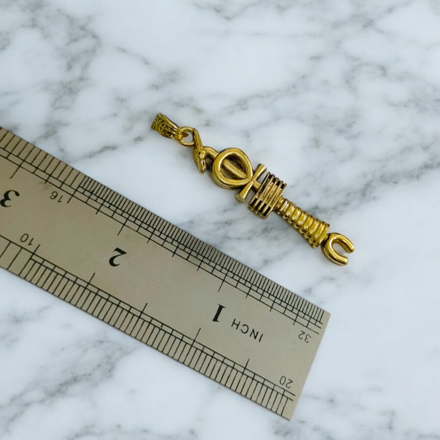 Gold Egyptian Revival Pendant, Ankh, Djed, Was Scepter Talisman